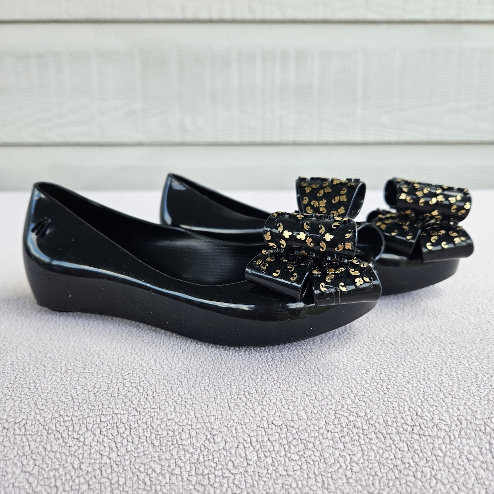Melissa Mini Mel Ultragirl Sweet XVI Black Gold Jelly Flat Bow Girl SZ 11 Formal